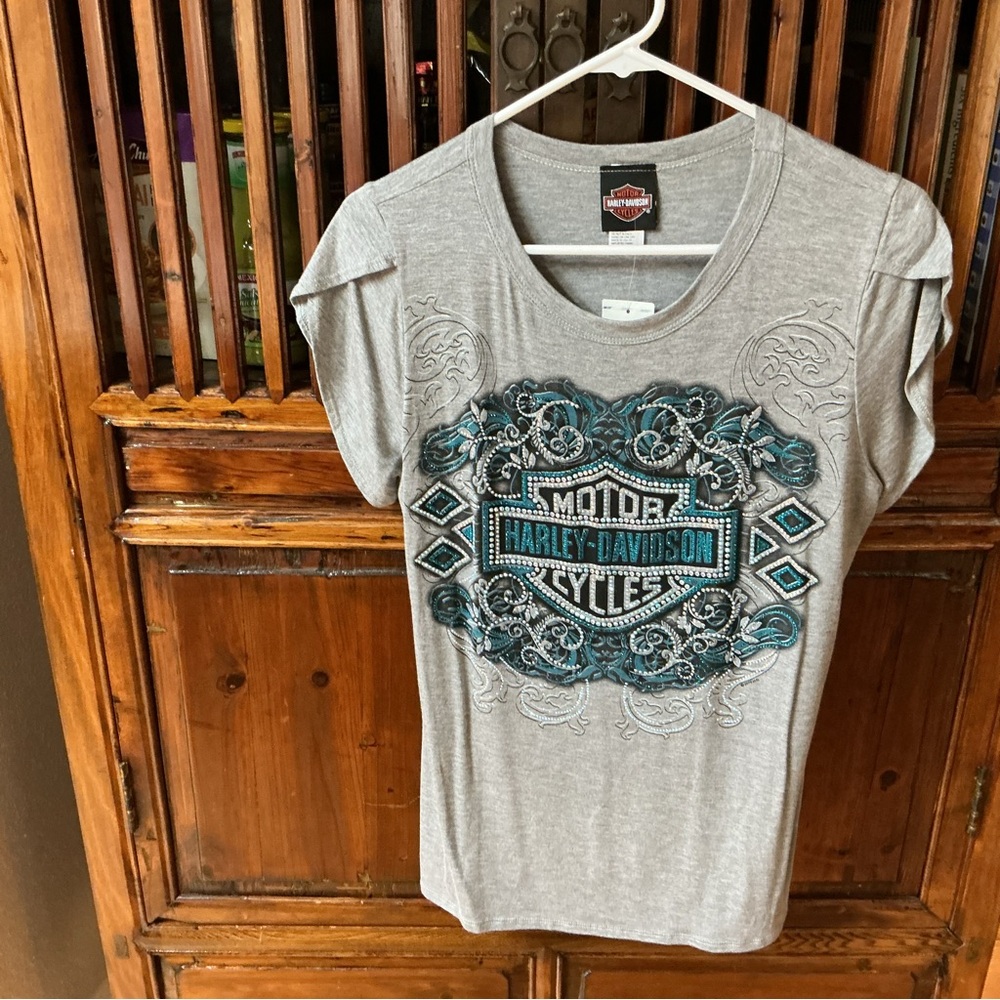 Bling-Bling Harley-Davidson Gray and Teal Women's Short Sleeve Tee